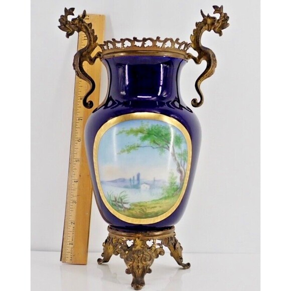 French Sevres Signed Porcelain Cobalt Blue Gilded Vase Bronze Dragon Handles 19C - Picture 11 of 11